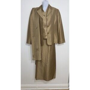 TALBOTS 100% Tan Silk Maxi Skirt Jacket Vest Scarf 4-Piece Set Women Size 10